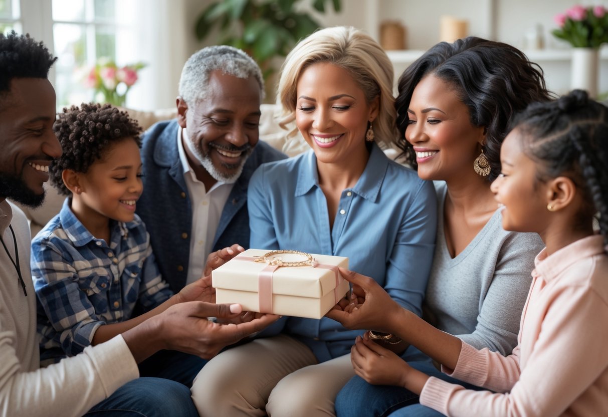 A mother happily receiving a jewelry gift from her blended family in a cozy living room setting with warm smiles and affectionate interaction.
