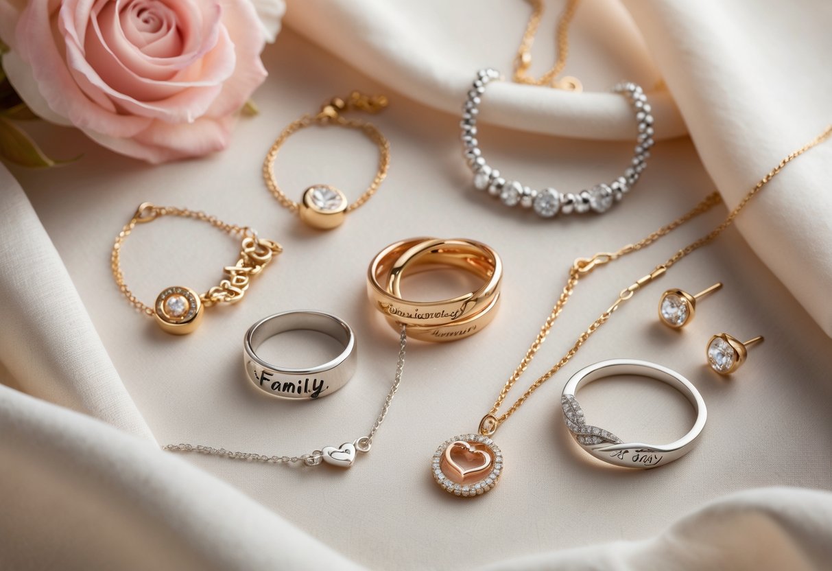 An arrangement of various gold and silver jewelry pieces, including necklaces, bracelets, rings, and earrings, displayed on a soft fabric background.