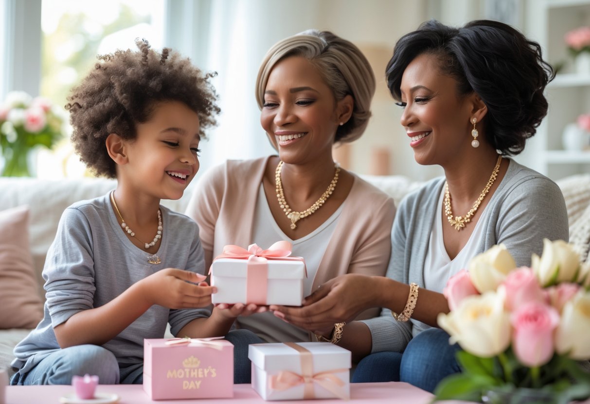 A child giving jewelry gifts to their mother and stepmother in a cozy living room on Mother's Day, with all smiling warmly.