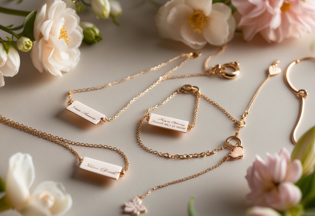 Close-up of personalized message card jewelry with flowers on a soft background.