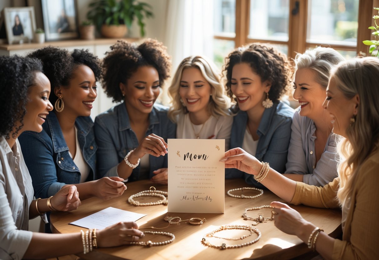 A group of women sitting around a table with a personalized message card and jewelry, sharing a joyful moment together.