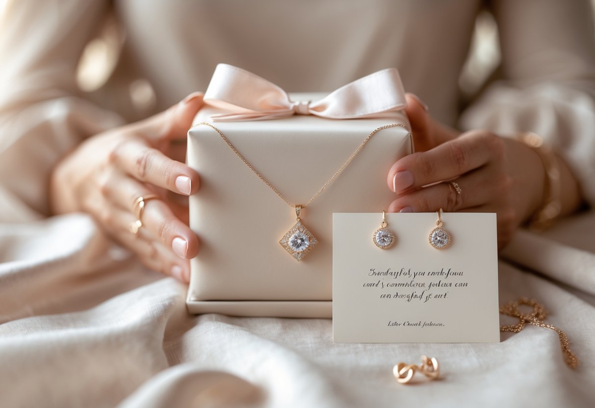 Close-up of a woman holding a jewelry gift box with a personalized message card and jewelry displayed on a soft surface.