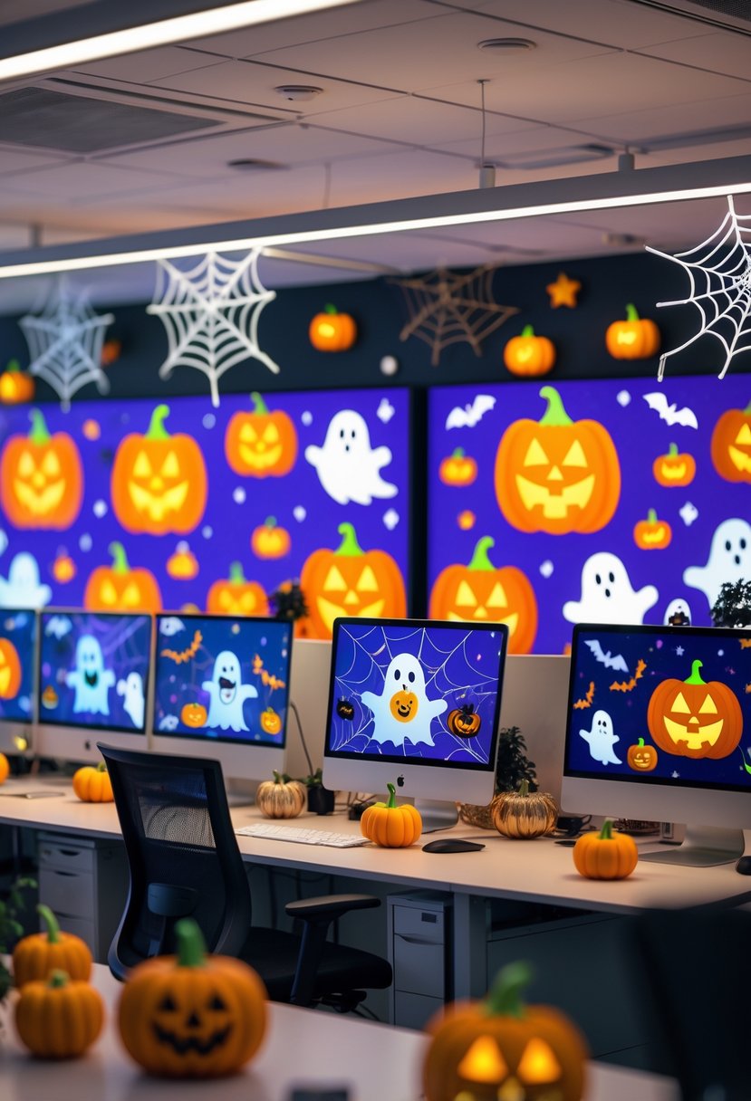 18 Office Halloween Decor Ideas 2025: Creative Ways to Spook Up Your Workspace 3 Modern office decorated for Halloween with animated LED screens showing Halloween visuals and festive decorations on desks.
