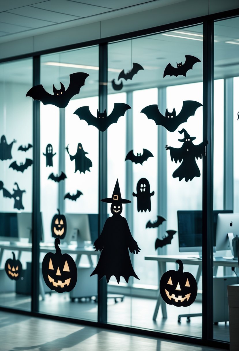 18 Office Halloween Decor Ideas 2025: Creative Ways to Spook Up Your Workspace 4 Office decorated with black cardboard Halloween silhouettes like bats, witches, ghosts, and pumpkins on windows and walls.