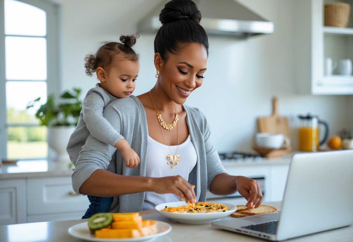 A busy mom wearing simple jewelry prepares breakfast in a bright kitchen while holding a toddler.