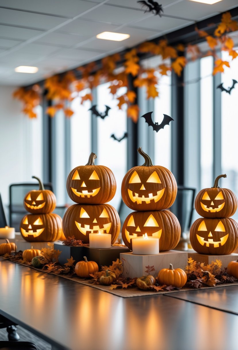 18 Office Halloween Decor Ideas 2025: Creative Ways to Spook Up Your Workspace 6 Office conference table decorated with carved jack-o-lantern centerpieces lit by LED candles and autumn decorations.