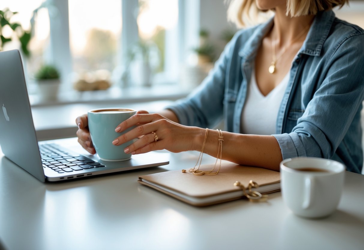 Close-up of a busy mom's hands wearing delicate jewelry while holding a coffee cup and working at a kitchen table.