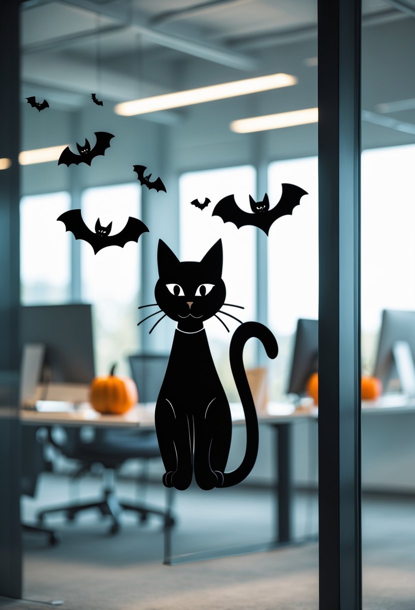 18 Office Halloween Decor Ideas 2025: Creative Ways to Spook Up Your Workspace 8 An office window decorated with black cat and bat window clings, with a modern office interior visible inside.