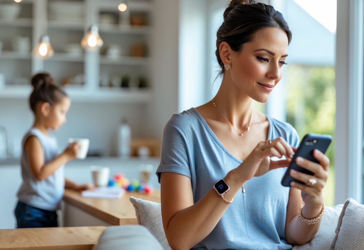 A busy mom wearing practical jewelry, holding a coffee cup and using a smartphone in a modern home with a child playing in the background.
