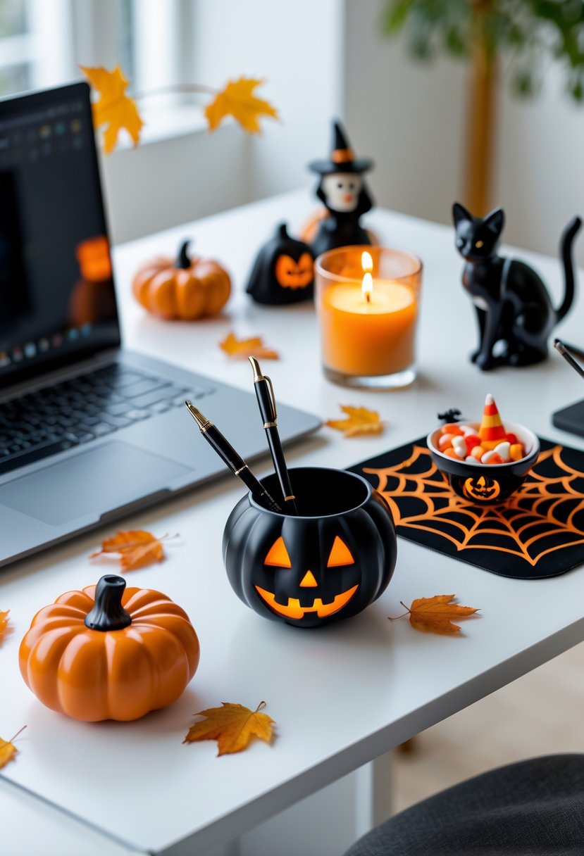 18 Office Halloween Decor Ideas 2025: Creative Ways to Spook Up Your Workspace 9 An office desk decorated with Halloween-themed items including a pumpkin pen holder, skeleton figurine, candy corn, black cat statue, autumn leaves, and a candle, with a laptop and mouse pad in the background.
