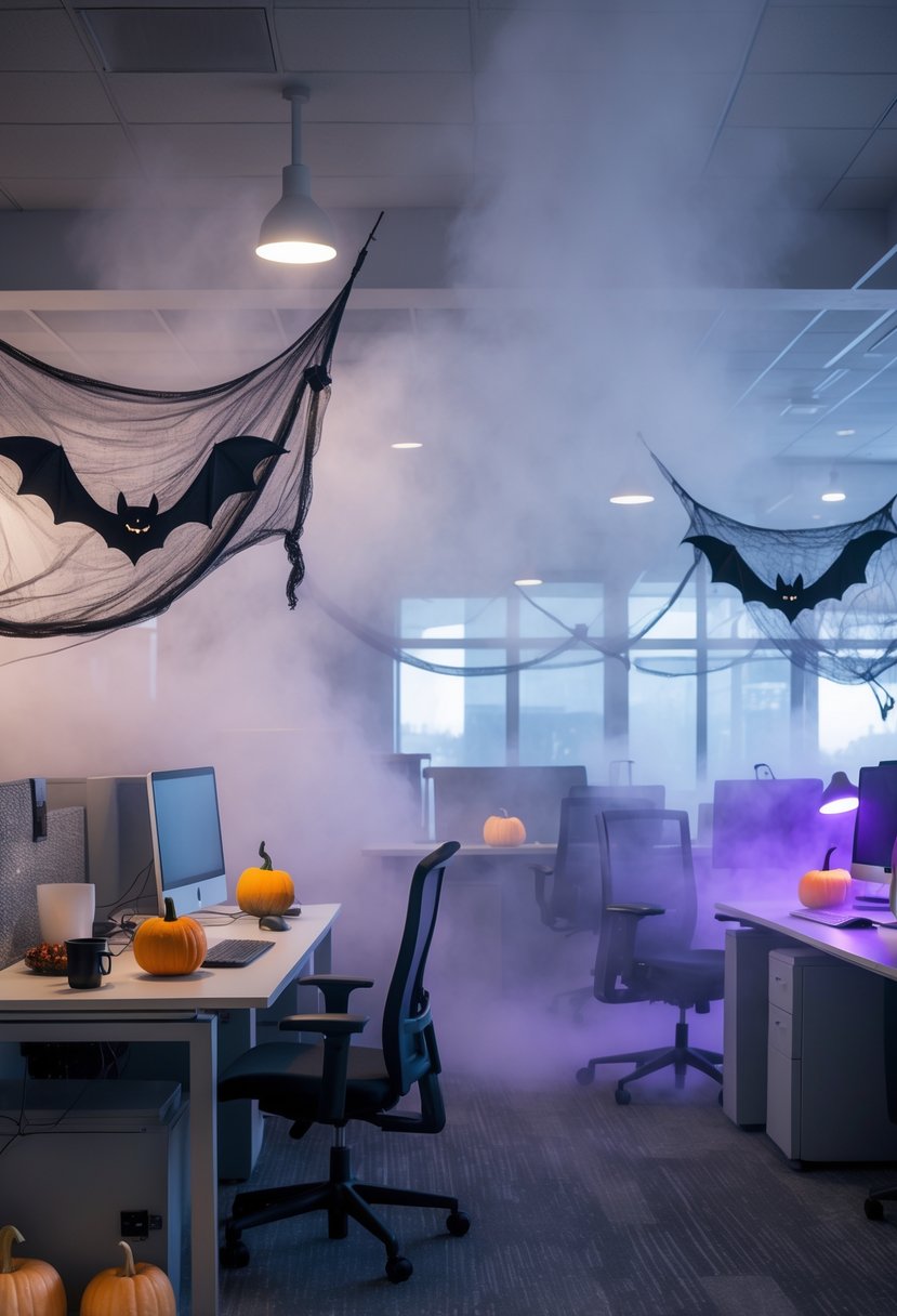 18 Office Halloween Decor Ideas 2025: Creative Ways to Spook Up Your Workspace 11 An office decorated for Halloween with fog from a machine creating a spooky atmosphere around desks with pumpkins and cobwebs.