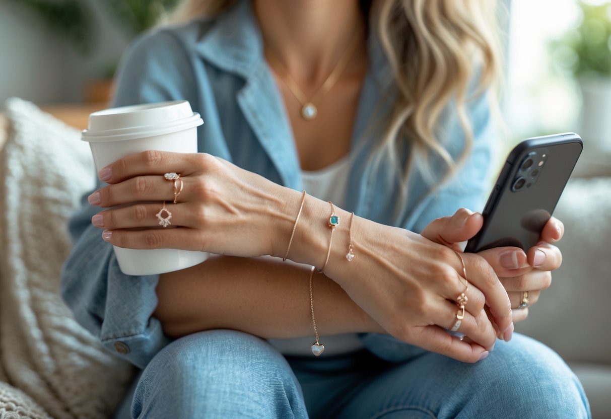 Close-up of a busy mom's hands and wrists wearing simple, elegant jewelry while holding a coffee cup and smartphone in a cozy home setting.