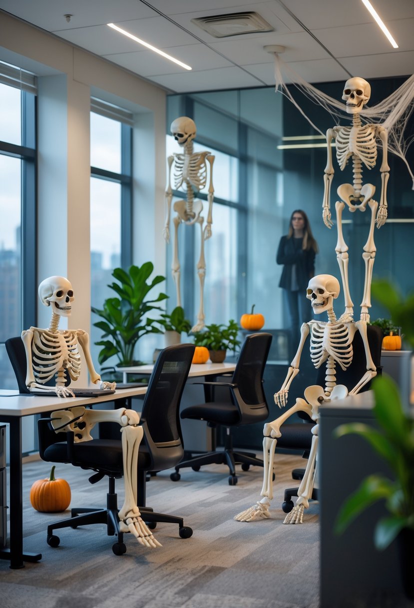 18 Office Halloween Decor Ideas 2025: Creative Ways to Spook Up Your Workspace 12 Office common area with skeleton decorations placed on chairs, near walls, and hanging from the ceiling among desks and plants.