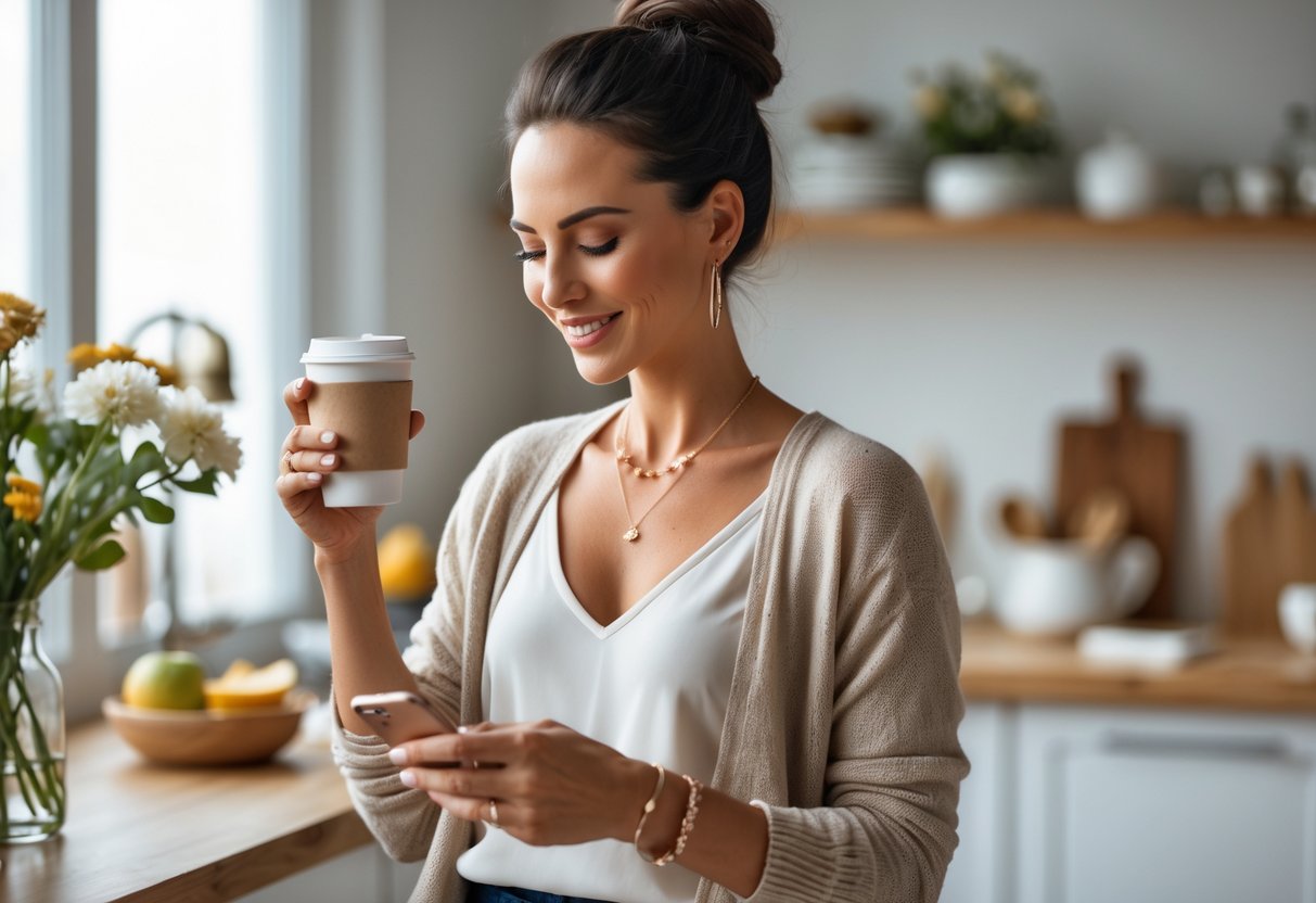 A busy mom in a kitchen wearing simple, elegant jewelry while holding a coffee cup and organizing a planner.