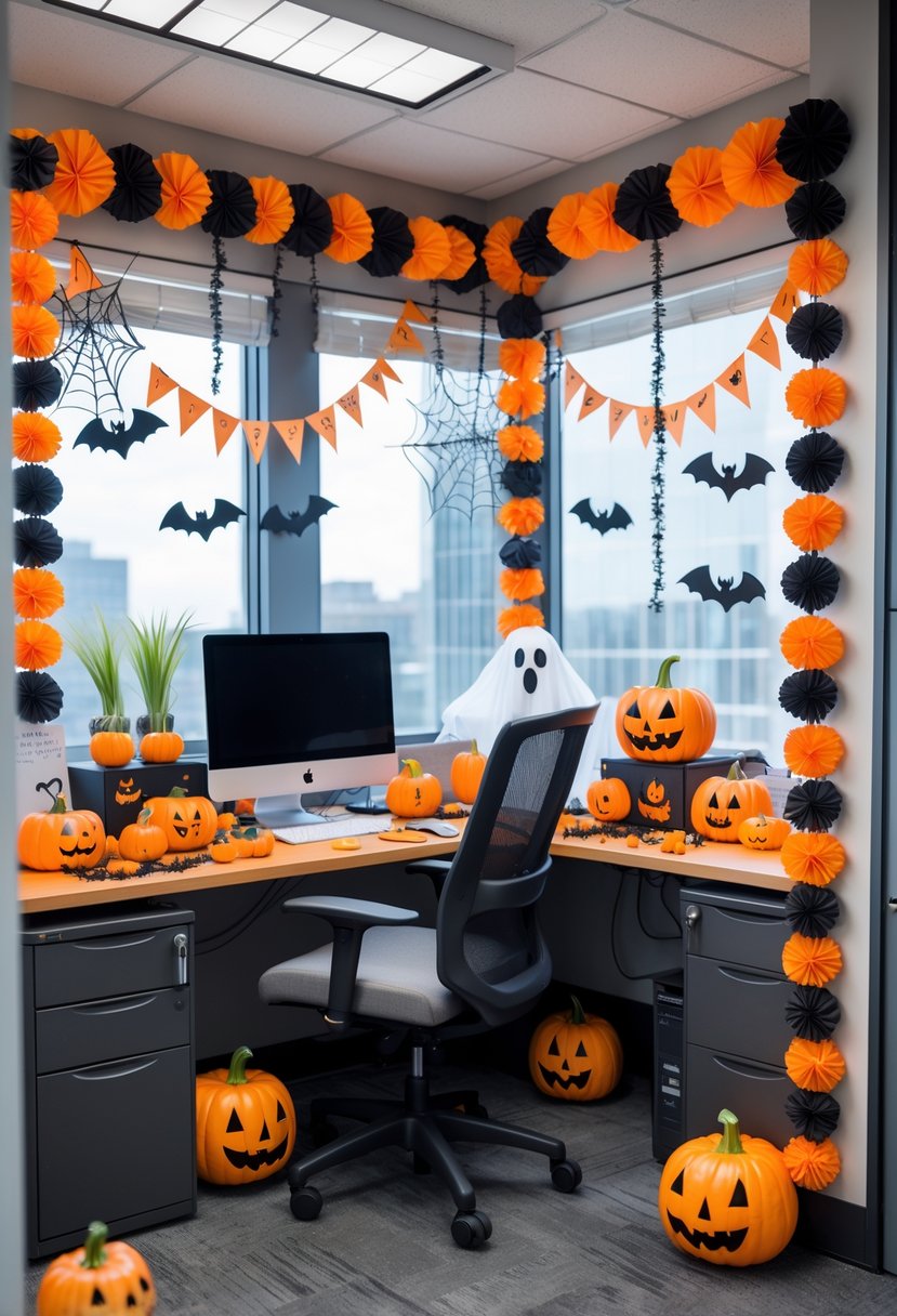 18 Office Halloween Decor Ideas 2025: Creative Ways to Spook Up Your Workspace 14 An office cubicle decorated with Halloween-themed items including pumpkins, spider webs, skeletons, and bats.