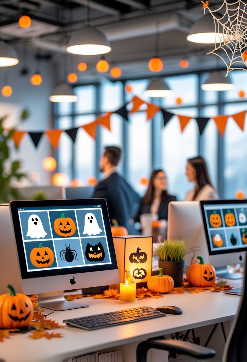 18 Office Halloween Decor Ideas 2025: Creative Ways to Spook Up Your Workspace 15 An office workspace decorated for Halloween with digital photo frames displaying festive images, small pumpkins, spider webs, and coworkers in the background.