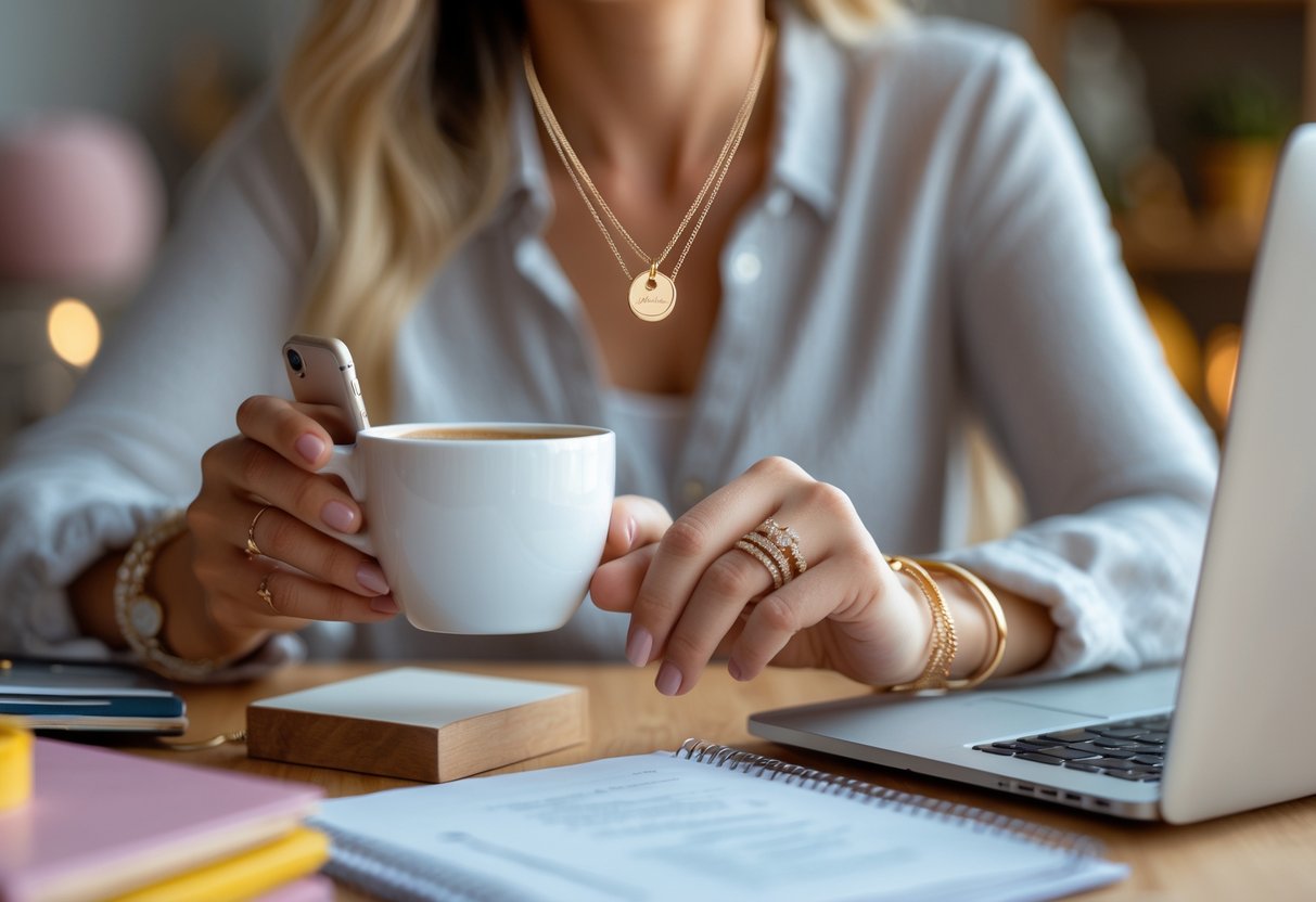 Close-up of a busy mom's hands wearing personalized jewelry while holding a smartphone and a coffee cup at home.