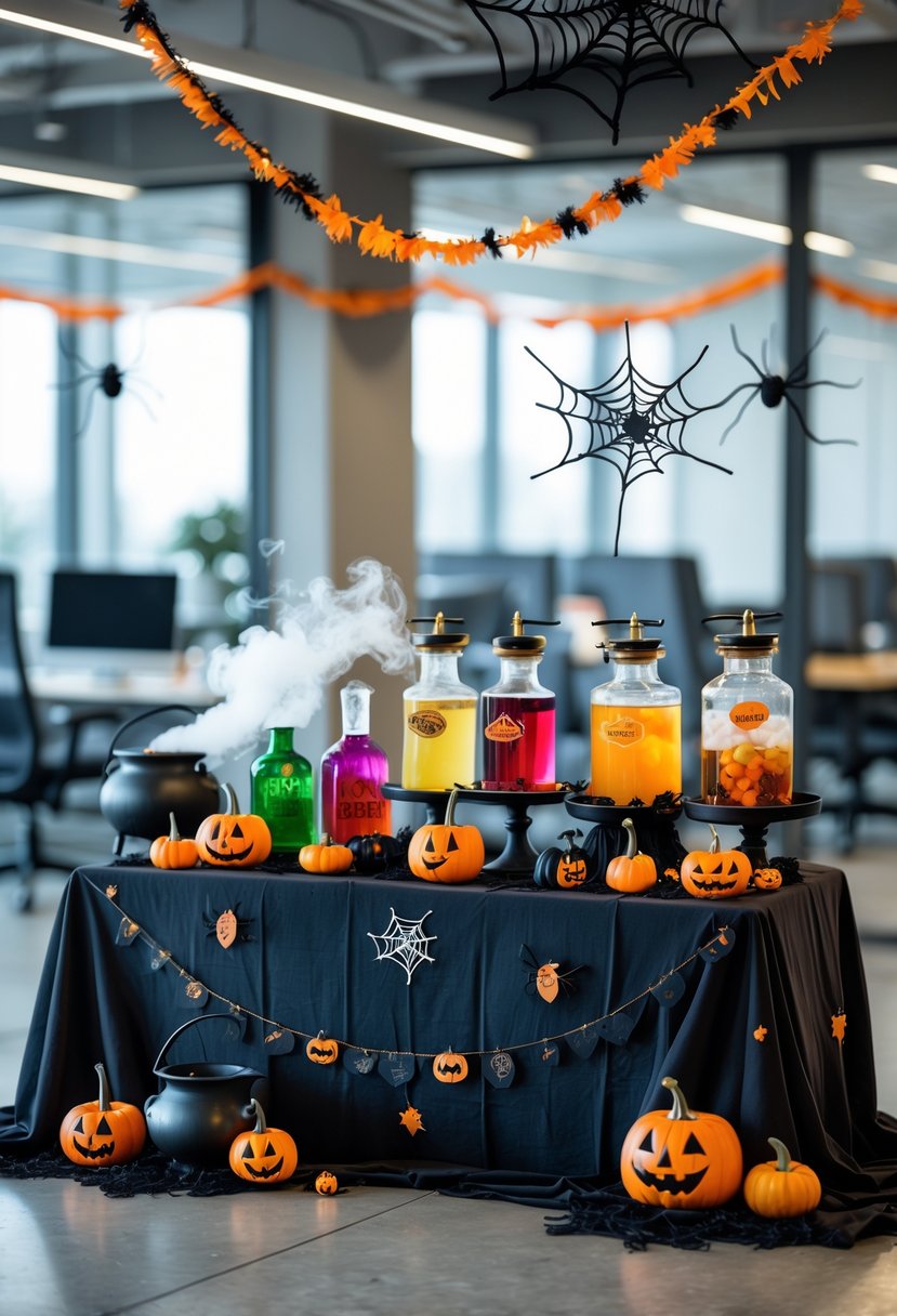 18 Office Halloween Decor Ideas 2025: Creative Ways to Spook Up Your Workspace 16 A Halloween-themed drink station in an office with potion bottles, pumpkins, dry ice mist, and festive decorations on a table.