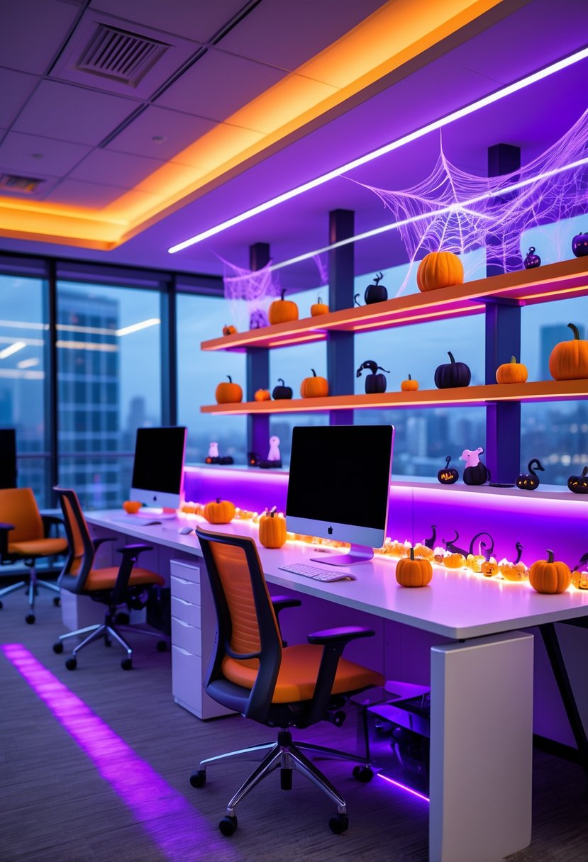 18 Office Halloween Decor Ideas 2025: Creative Ways to Spook Up Your Workspace 18 Modern office decorated for Halloween with orange and purple LED strip lights and small Halloween decorations on desks and shelves.
