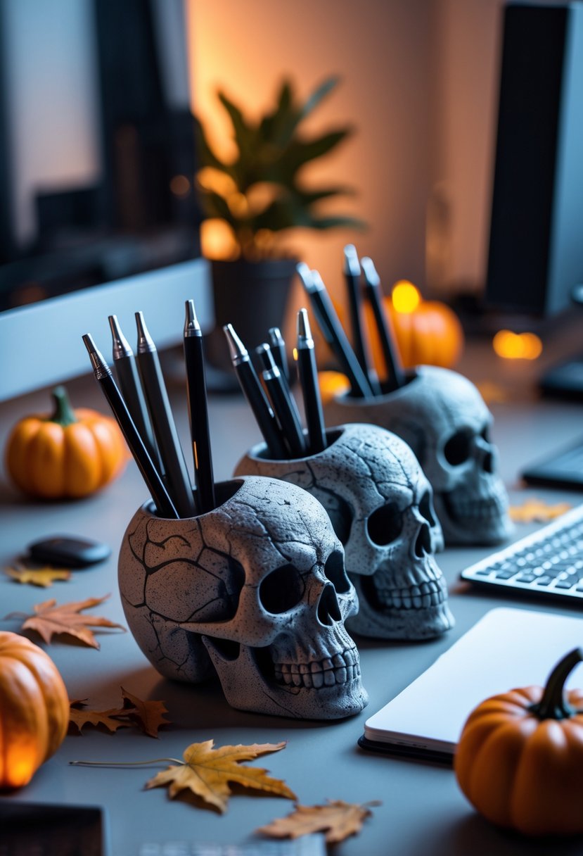 18 Office Halloween Decor Ideas 2025: Creative Ways to Spook Up Your Workspace 19 An office desk with skull-shaped pen holders holding pens, surrounded by small pumpkins and autumn leaves.