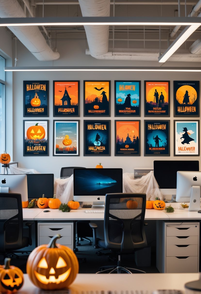 18 Office Halloween Decor Ideas 2025: Creative Ways to Spook Up Your Workspace 20 Modern office space decorated with Halloween movie posters and festive Halloween decorations on desks and walls.