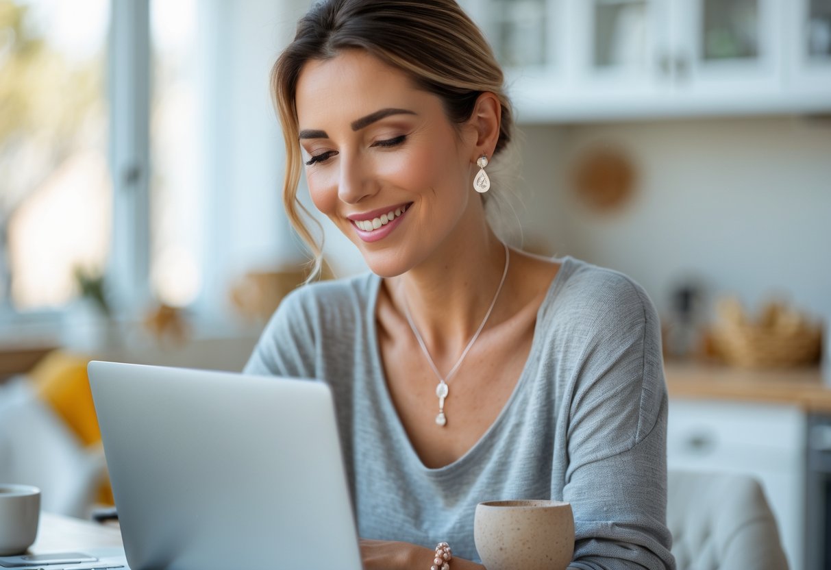 A smiling woman wearing simple silver jewelry in a cozy home setting with a laptop and coffee nearby.