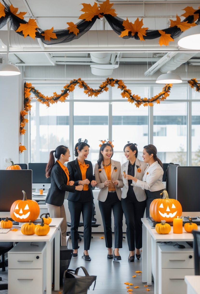 18 Office Halloween Decor Ideas 2025: Creative Ways to Spook Up Your Workspace 21 Office space decorated with pumpkins, garlands, and cobwebs, with employees wearing light Halloween accessories and working together happily.