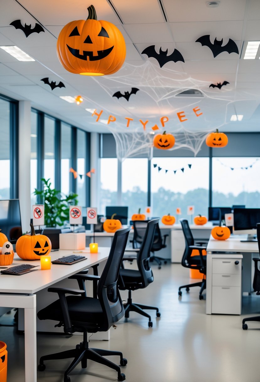 18 Office Halloween Decor Ideas 2025: Creative Ways to Spook Up Your Workspace 23 An office workspace decorated for Halloween with pumpkins, safe LED lights, and neat desks, showing a clean and hazard-free environment.