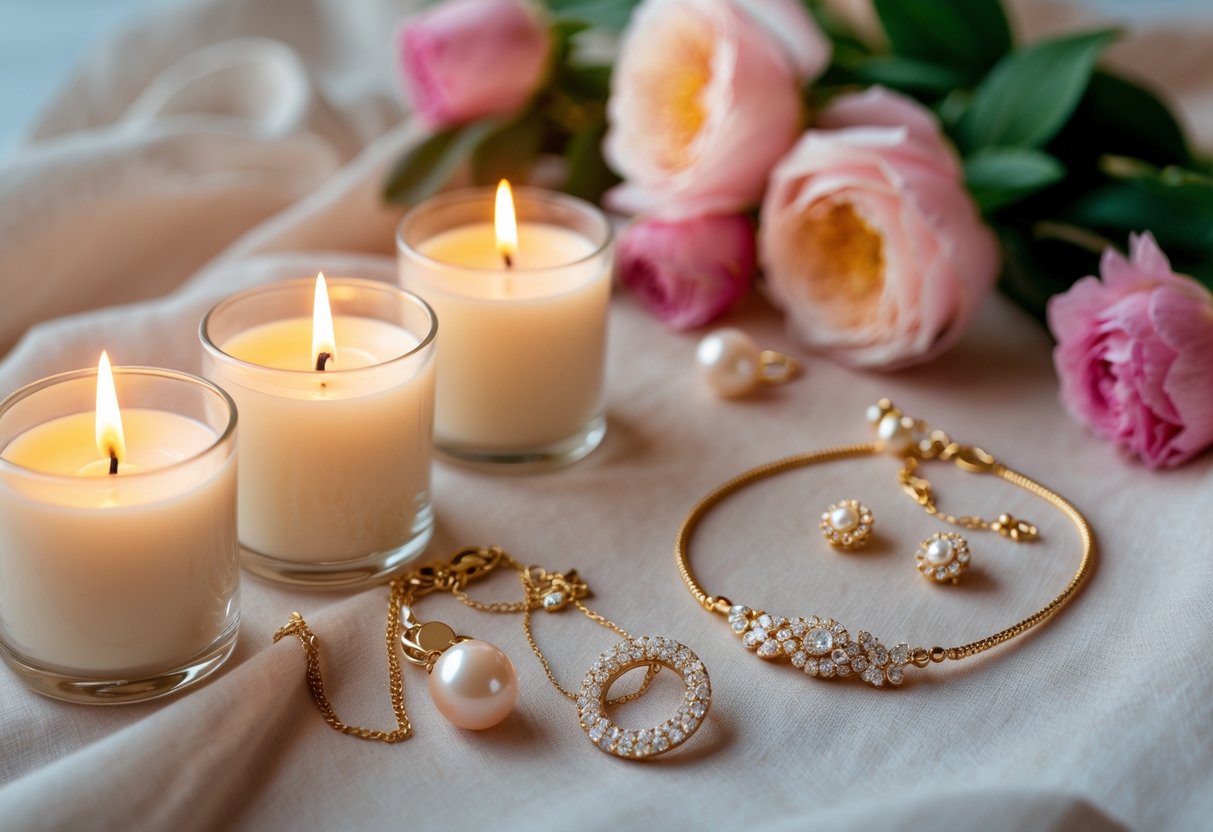 A display of lit candles and elegant jewelry arranged together with soft flowers in the background.