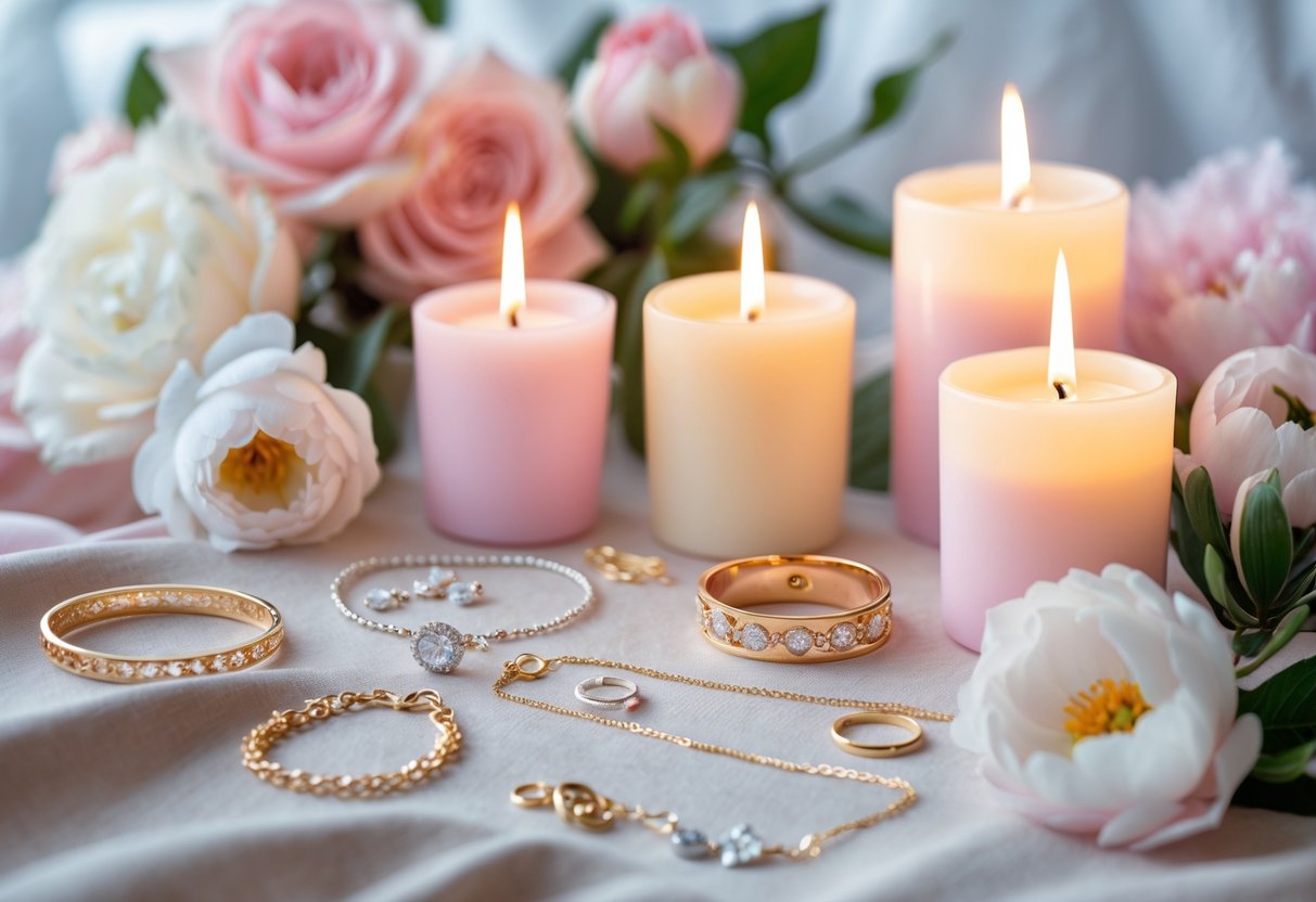 A display of jewelry including necklaces, bracelets, and rings alongside lit candles and fresh flowers arranged on a soft fabric surface.
