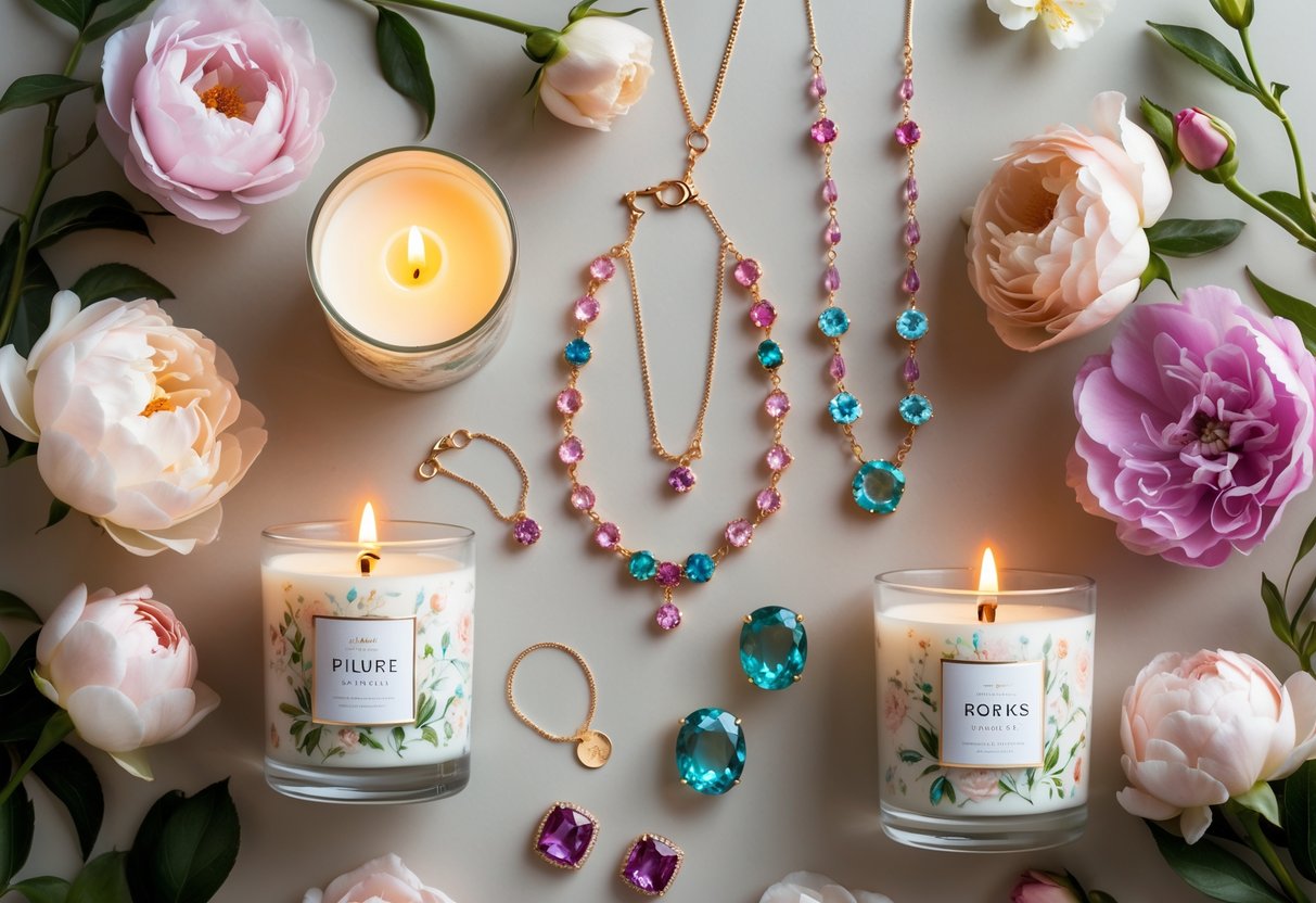 A flat lay of floral-scented candles glowing softly next to colorful gemstone jewelry and fresh flowers on a light background.