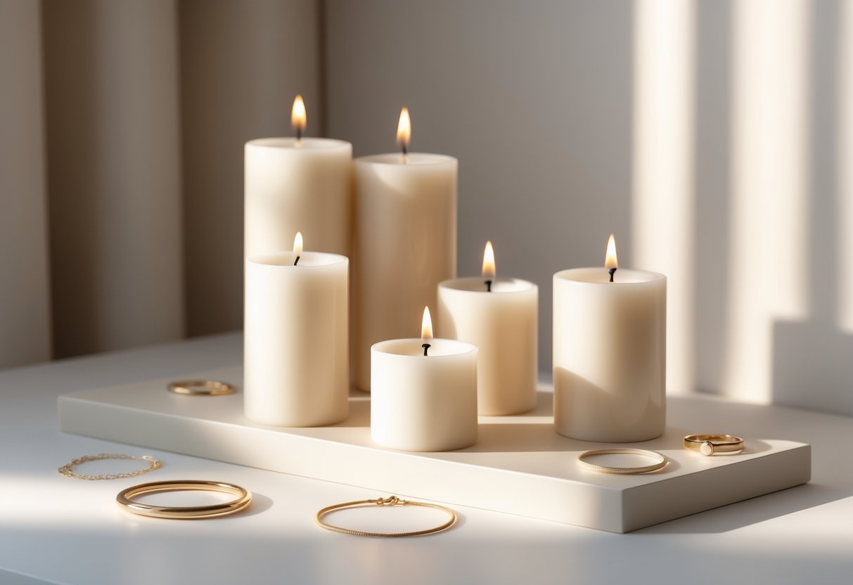 A set of minimalist candles arranged next to contemporary gold and silver jewelry on a light surface with soft natural lighting.