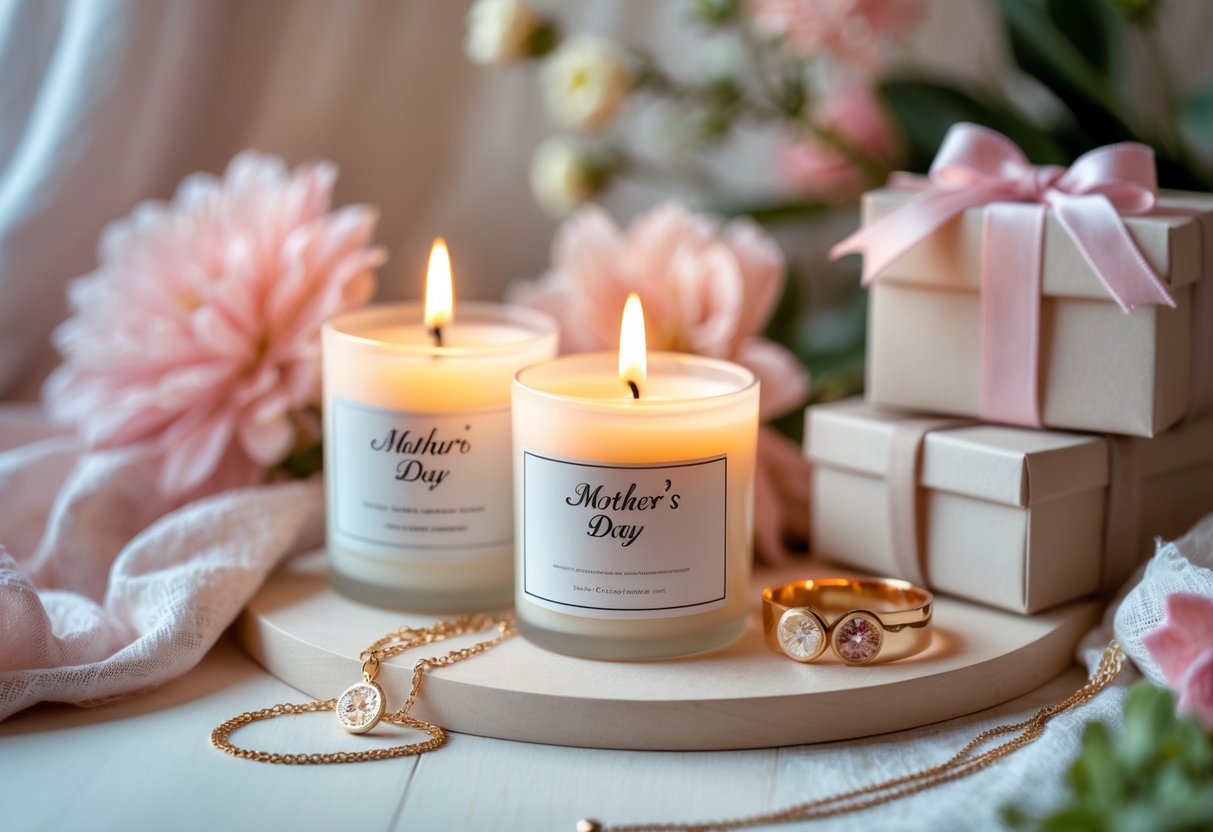 A cozy arrangement of glowing custom candles and engraved jewelry pieces displayed with flowers and gift boxes.