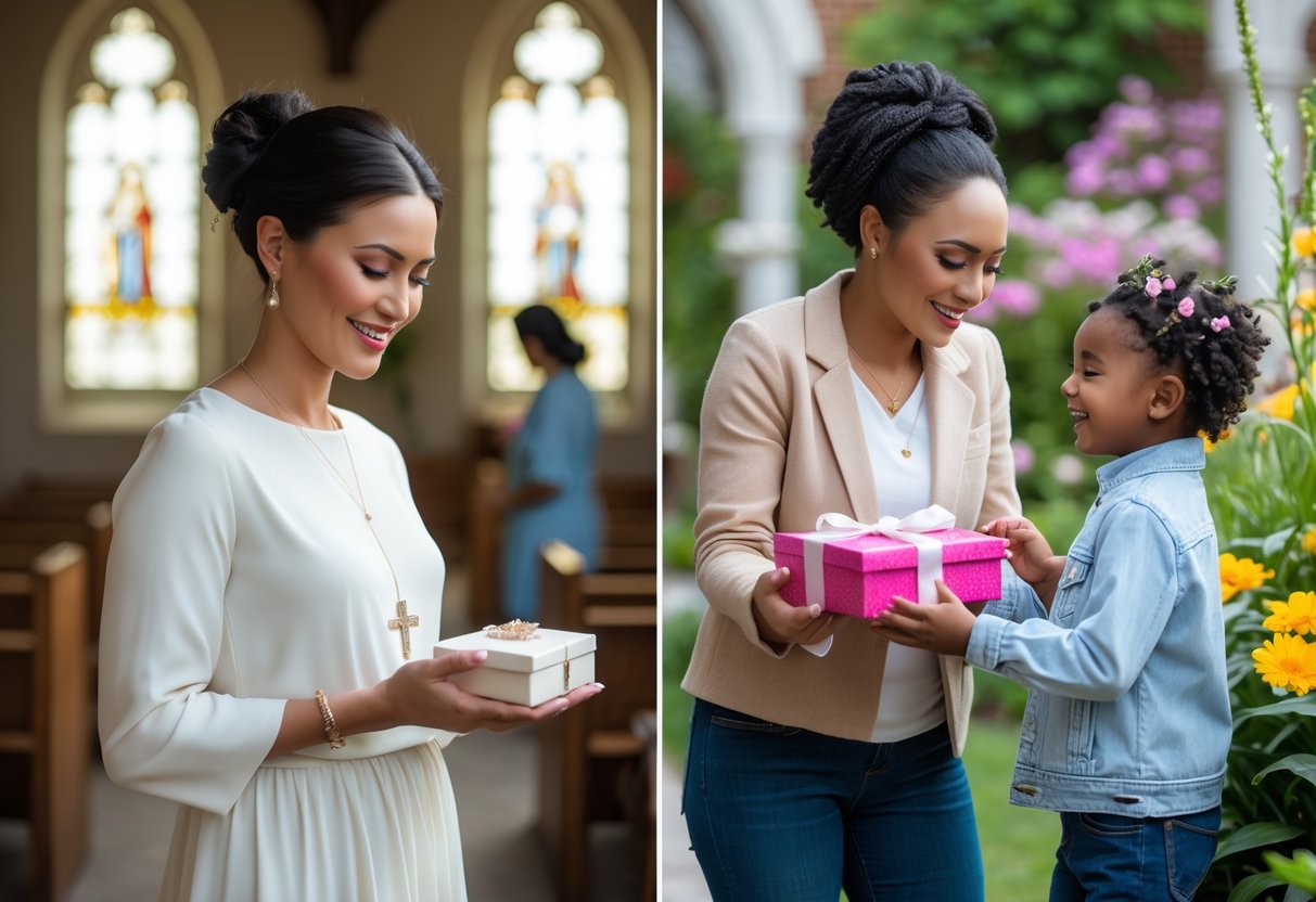 Two mothers receiving jewelry gifts, one inside a church and the other in a garden, sharing joyful moments with their children.