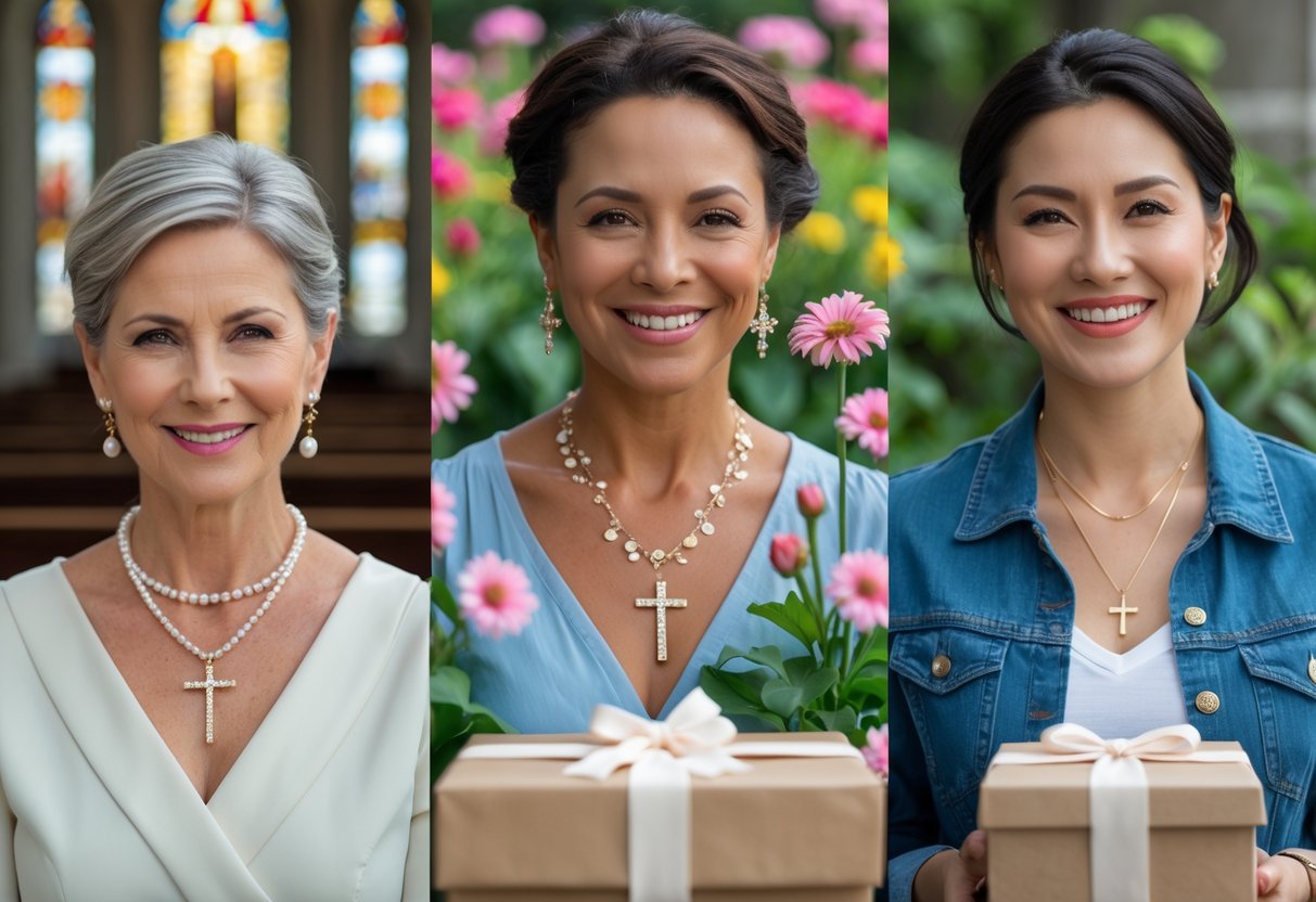 Three mothers in different settings: one in a church wearing classic jewelry, one in a garden with floral jewelry, and one holding a gift with modern jewelry, all smiling.