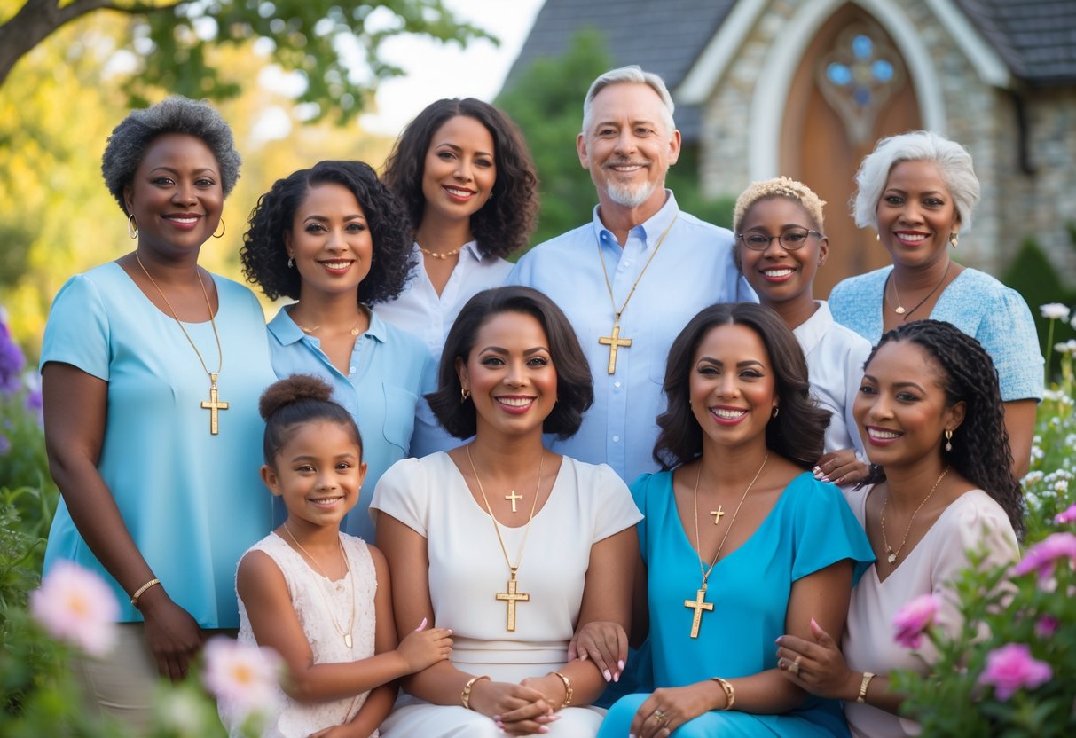 Several mothers wearing personalized Christian jewelry stand together in a garden near a church, smiling and interacting with their children.