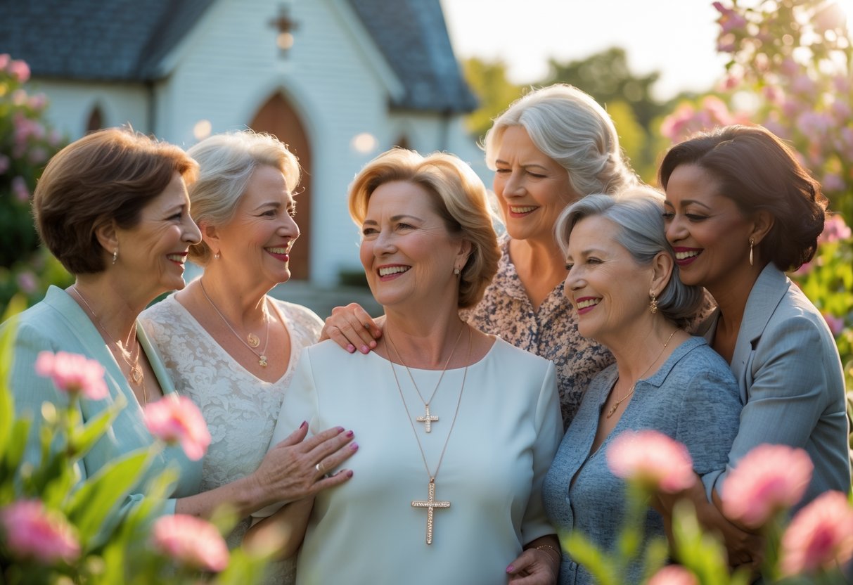 A group of mothers wearing elegant jewelry gather and smile together in a garden near a church, surrounded by flowers and greenery.