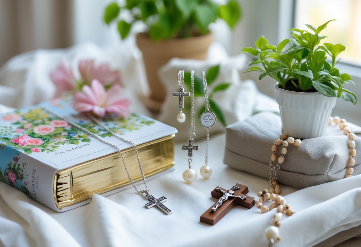 A display of Christian gifts including a silver cross necklace, pearl earrings, a Bible, a small potted plant, and a wooden rosary arranged on a white cloth with natural light in the background.