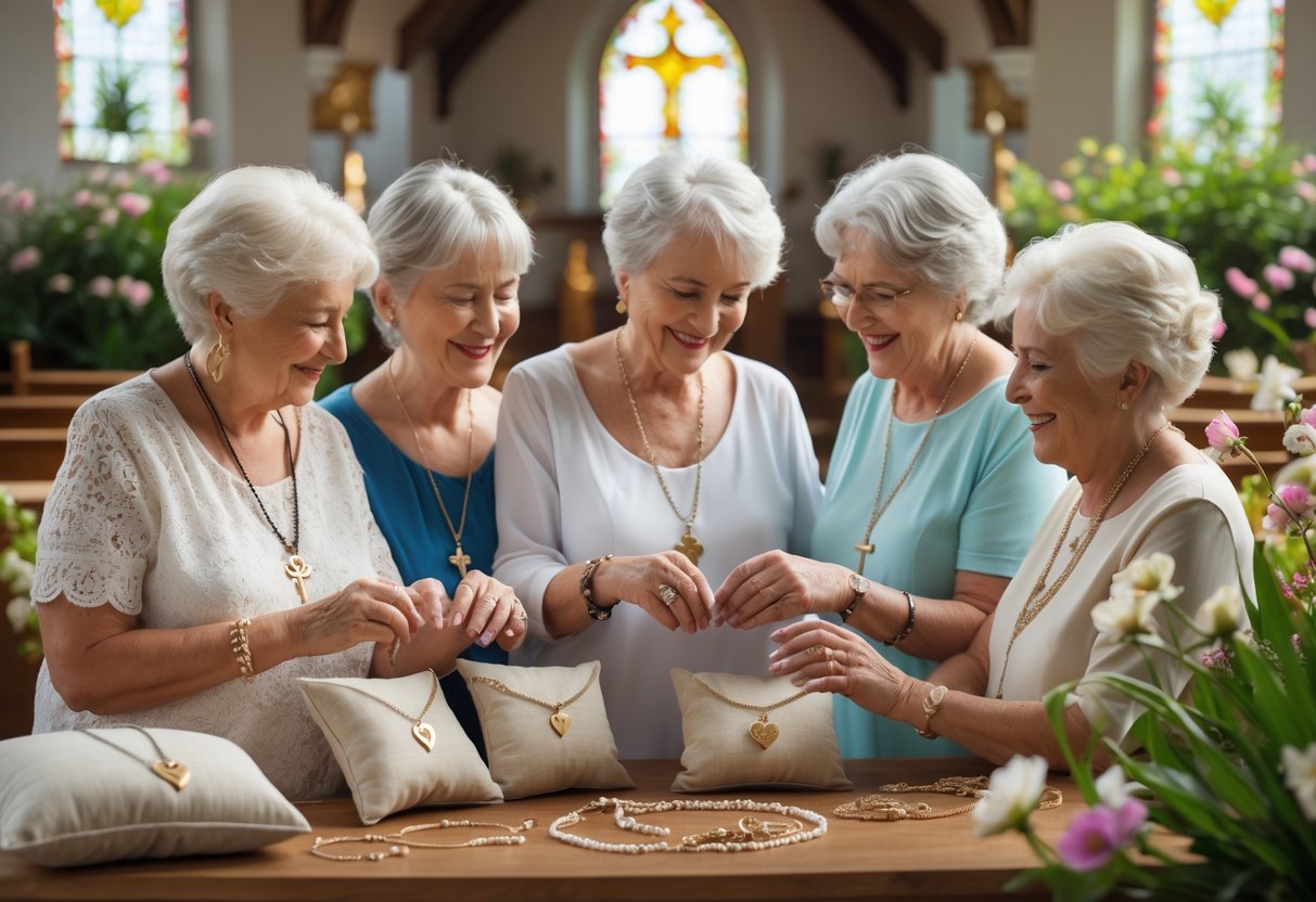 Mature women in a church and garden setting admiring and exchanging elegant jewelry gifts.