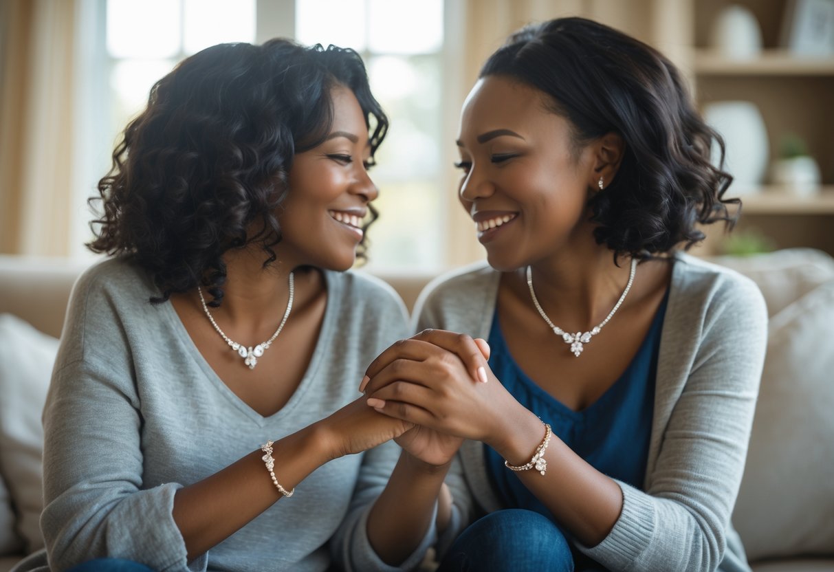 A woman and a child smiling and holding hands, with the woman wearing a necklace and bracelet, sharing a joyful moment indoors.