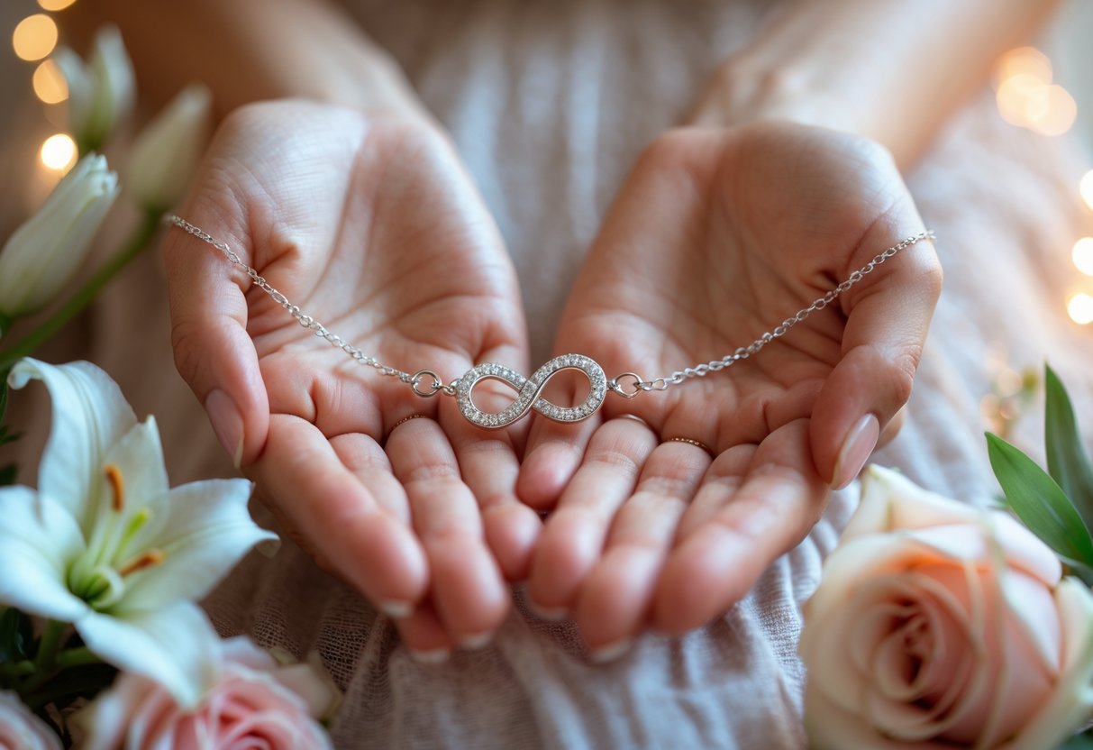 Close-up of hands holding a heart-shaped pendant necklace and matching bracelet surrounded by soft flowers.