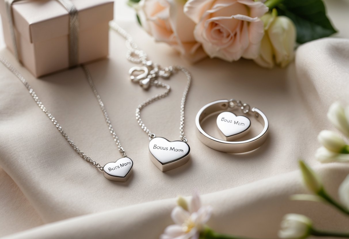 Close-up of silver heart-shaped necklace and bracelet arranged on soft fabric with flowers and a gift box.