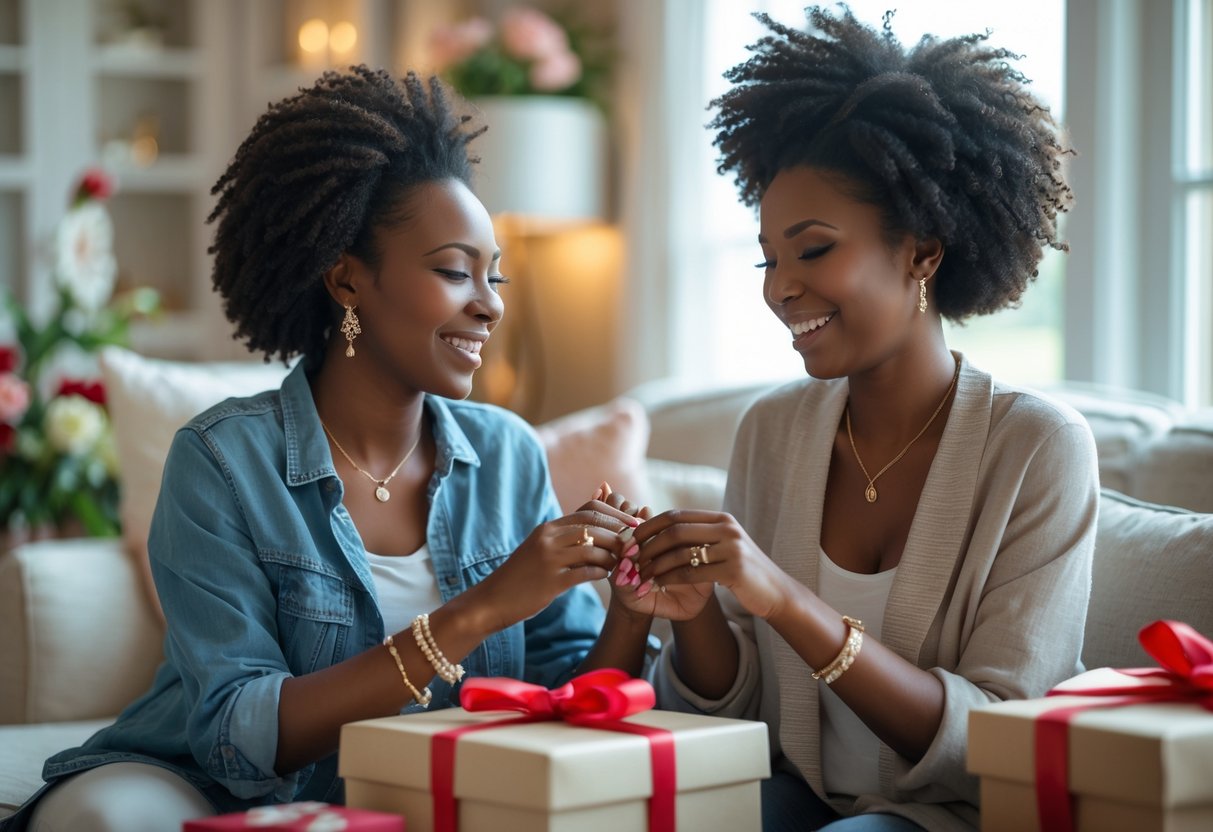 A woman and her bonus mom smiling and exchanging jewelry gifts in a cozy living room.
