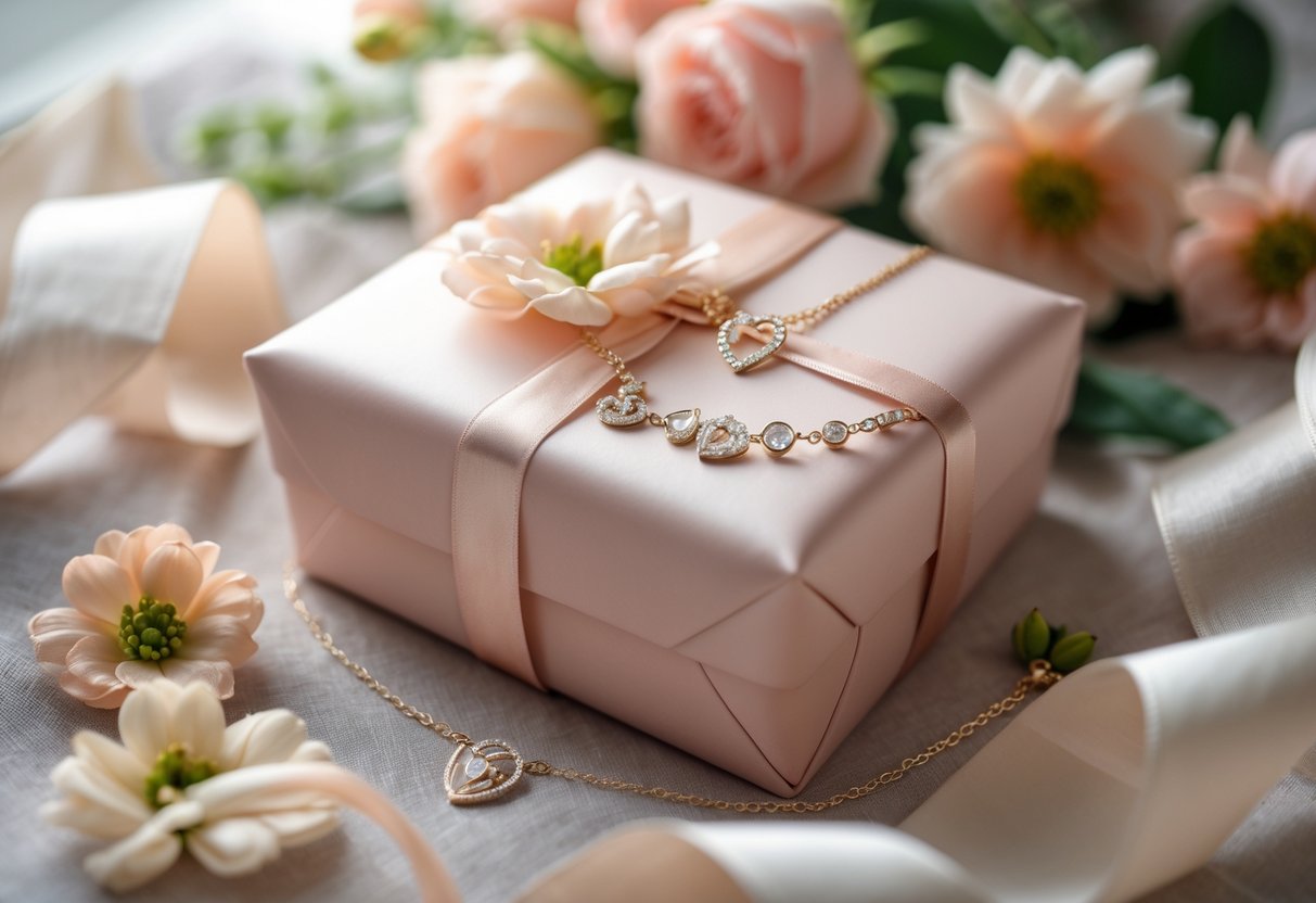 Close-up of a wrapped gift box with jewelry and flowers arranged around it on a soft surface.