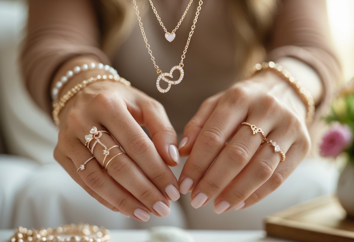Close-up of a woman's hands wearing elegant jewelry with a warm, softly lit background suggesting a cozy home environment.