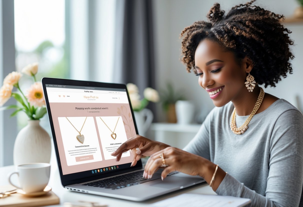 A woman shopping for jewelry online at a desk with a laptop, surrounded by flowers and natural light.