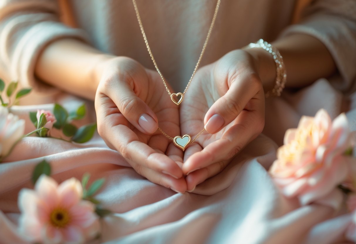 Close-up of a woman's hands wearing heart-shaped pendant necklace and bracelet with a soft, warm background.