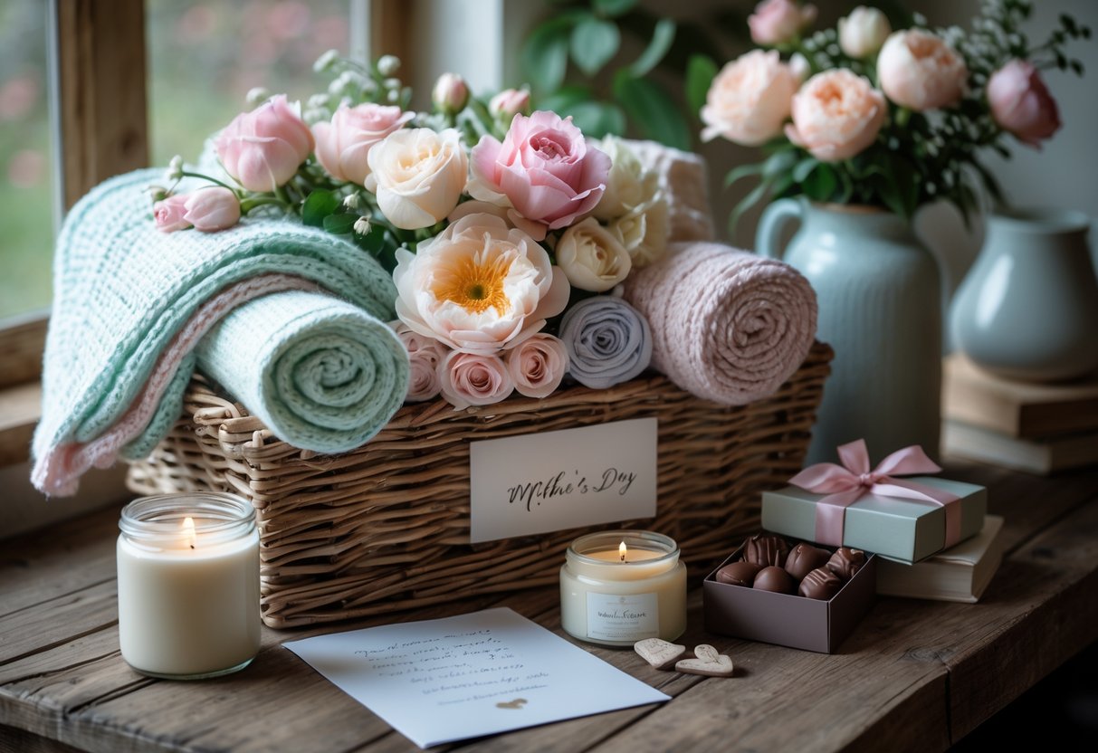 A Mother's Day hamper with a knit blanket, fresh flowers, a candle, a handwritten card, and chocolates arranged on a wooden table.