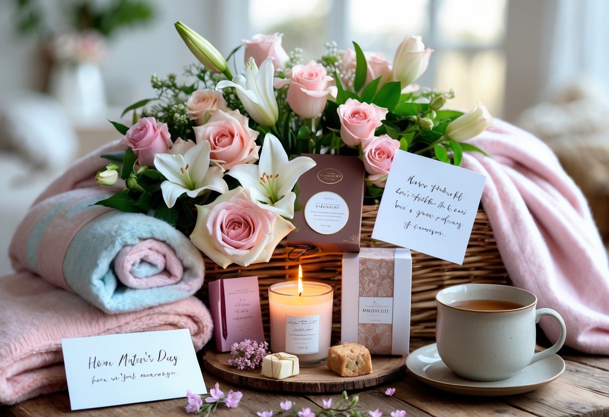 A Mother's Day hamper with blankets, flowers, chocolates, a candle, a card, and a cup of tea on a wooden table.