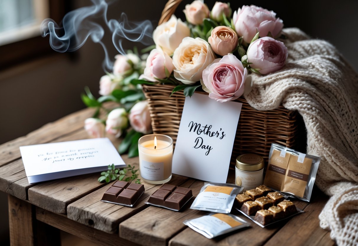 A Mother's Day hamper with a knitted blanket, flowers, a candle, a card, chocolates, and tea on a wooden table.